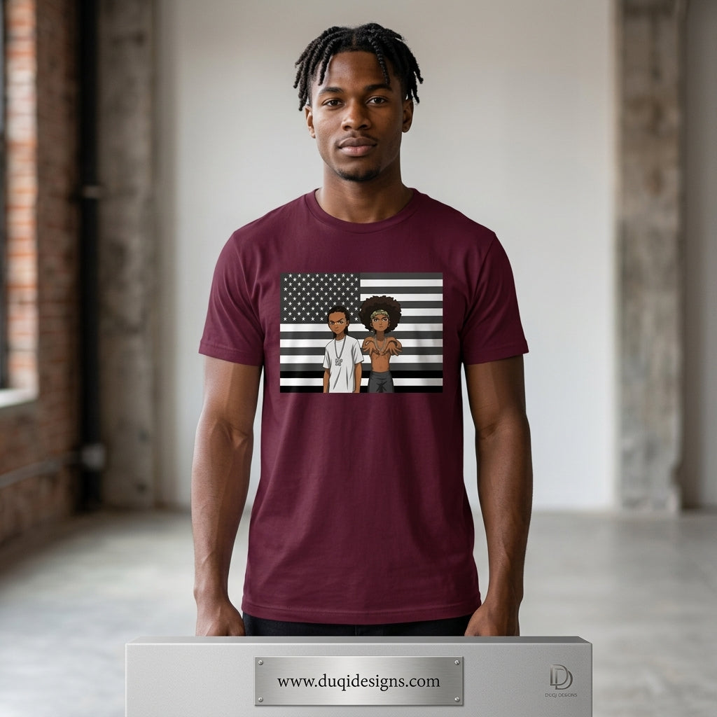 StankDocks Graphic Tee — Cartoon Duo Over Black & White American Flag Hoodie